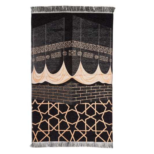 Thin Black Muslim Prayer Rug With Kaaba Pattern